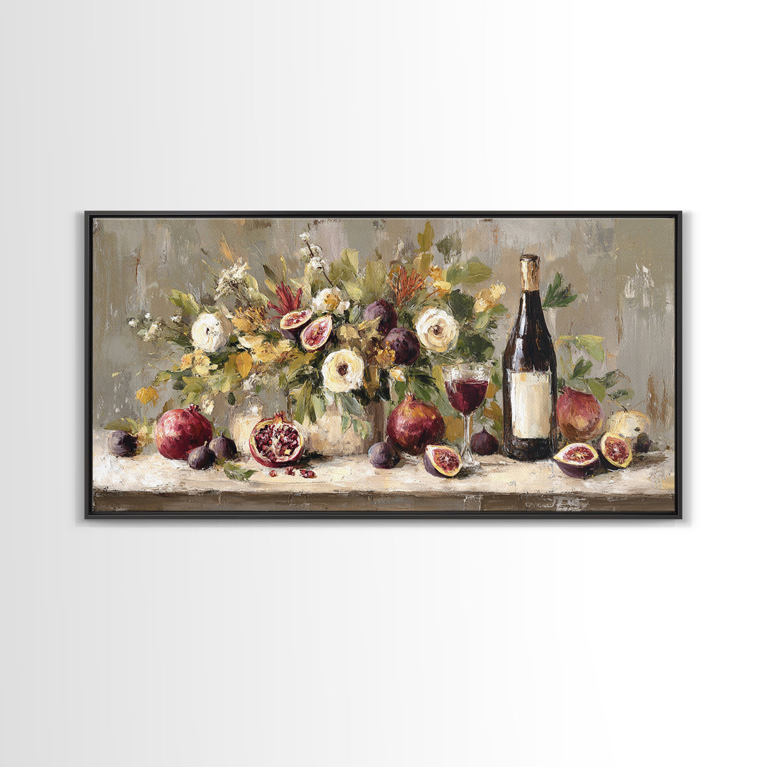 Pomegranate Figs and Red Wine Composition Framed Canvas Print, Winery Art, Living Room Decor, Winery Decor, Fine Art, Vineyard, WIN-2x1-85