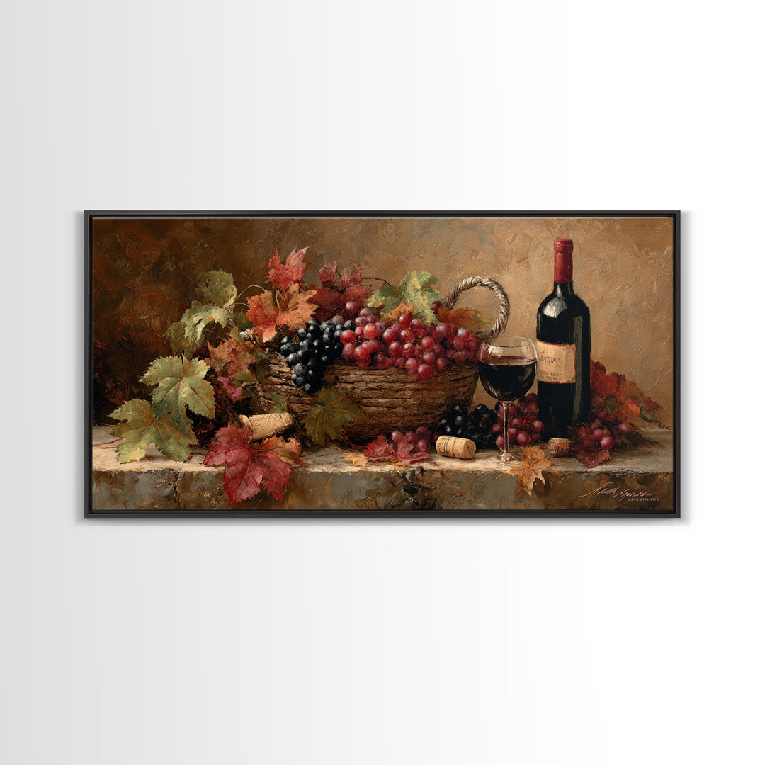 Wine Harvest Basket Framed Canvas Print, Winery Art, Art Print, Winery Decor, Oil Painting, Vineyard, Watercolor Painting, WIN-2x1-90
