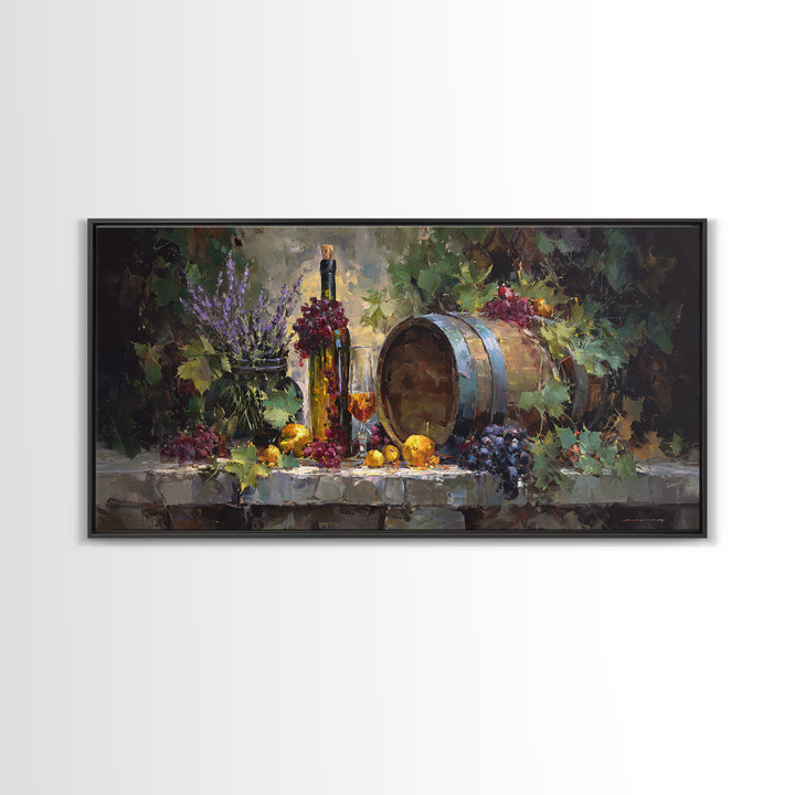 Wine Barrel with Lavender and Sunlight Canvas Print, Winery Art, Oil Painting, Winery Decor, Watercolor Art, Vineyard, WIN-2x1-98