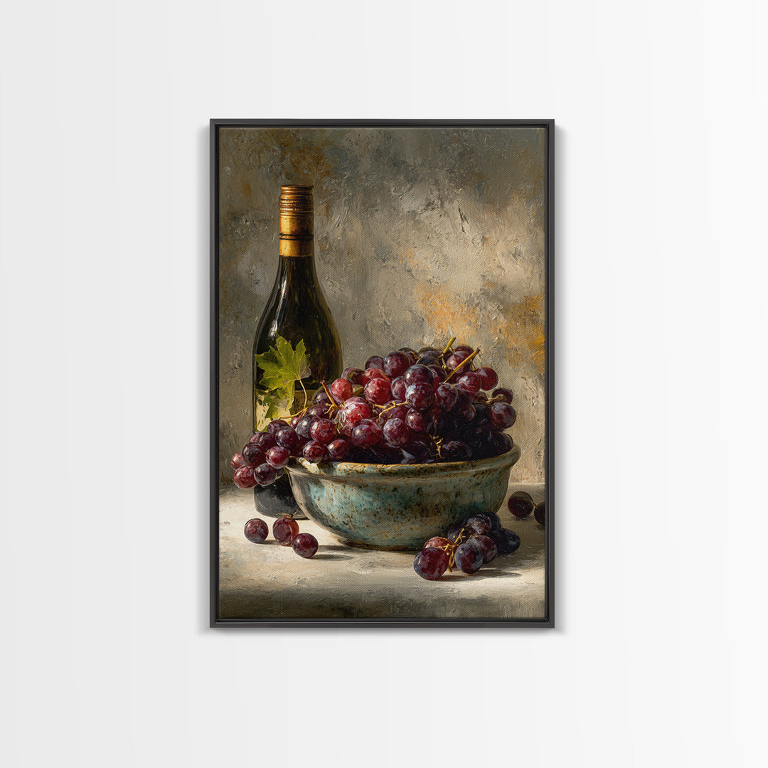 Grapes in a Ceramic Bowl with Shadows Framed Canvas Print, Winery Art, Kitchen Decor, Winery Decor, Abstract Art, Vineyard, WIN-2x3-17