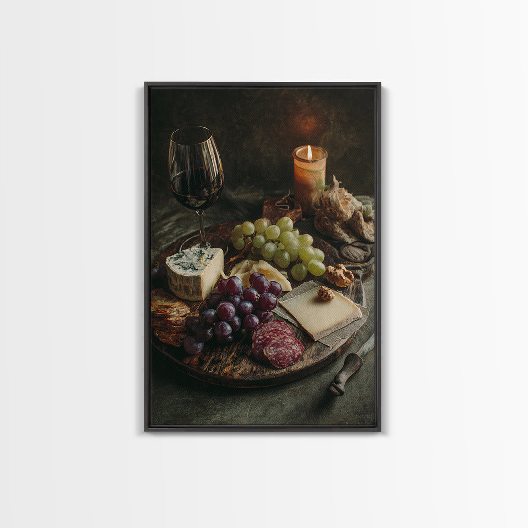 Charcuterie Board with Grapes and Cheese Framed Canvas Print, Winery Art, Art Print, Winery Decor, Oil Painting, Vineyard, WIN-2x3-21