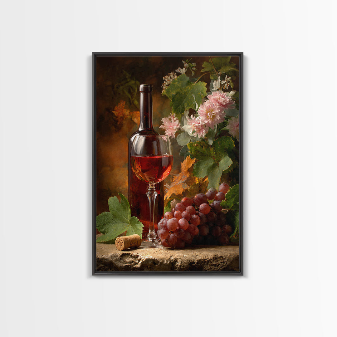 Ros Glass Beside Summer Flowers Framed Canvas Print, Winery Art, Art, Winery Decor, Fine Art, Vineyard, Farmhouse Decor, WIN-2x3-22