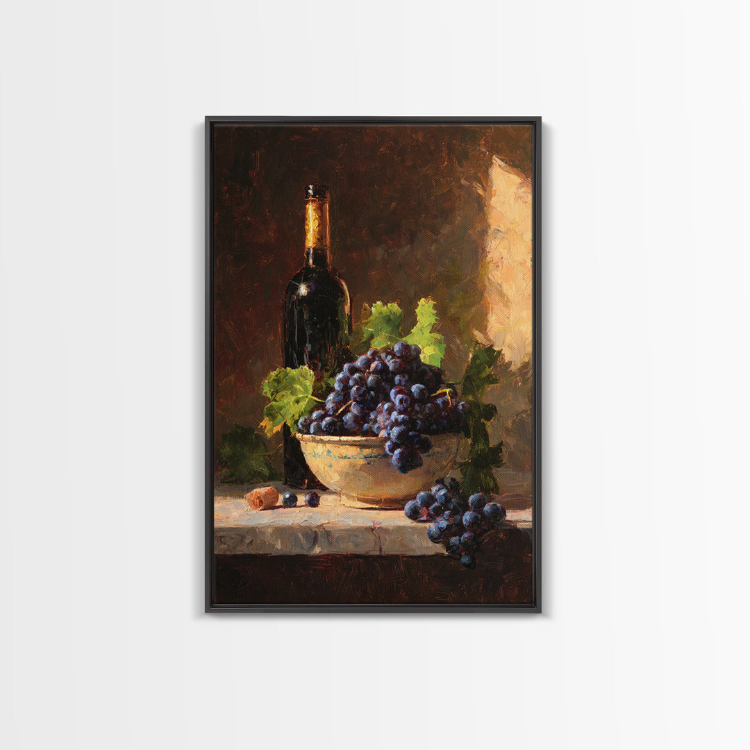 Grapes in a Ceramic Bowl with Shadows Framed Canvas Print, Winery Art, Kitchen Decor, Winery Decor, Abstract Art, Vineyard, WIN-2x3-41