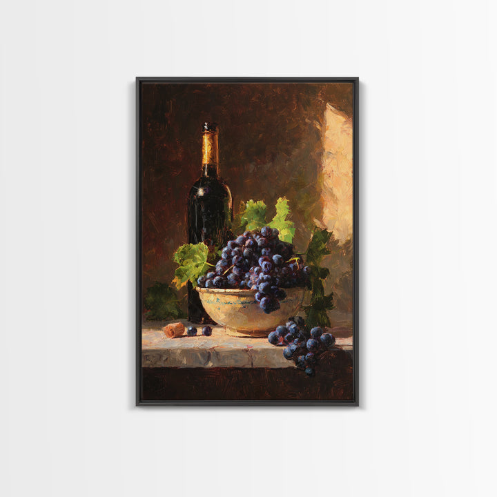 Grapes in a Ceramic Bowl with Shadows Framed Canvas Print, Winery Art, Kitchen Decor, Winery Decor, Abstract Art, Vineyard, WIN-2x3-41