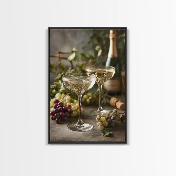 Champagne Coupe with Bubbles and Light Framed Canvas Print, Winery Art, Art Print, Winery Decor, Oil Painting, Vineyard, WIN-2x3-51