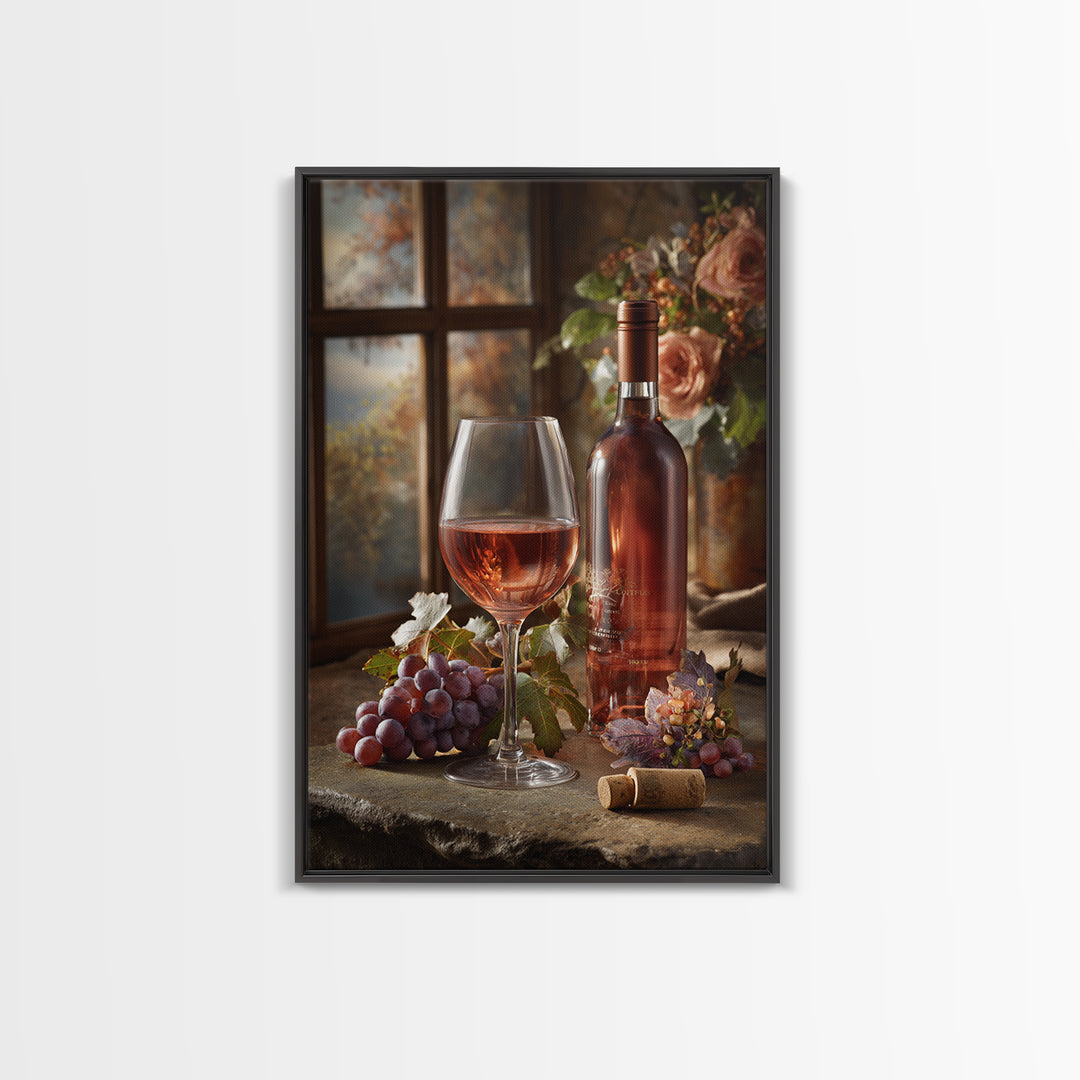 Ros Glass Beside Summer Flowers Canvas Print, Winery Art, Winery Decor, Oil Painting, Vineyard, Retro Wall Art, WIN-2x3-70