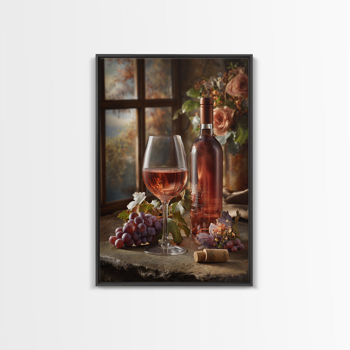 Ros Glass Beside Summer Flowers Canvas Print, Winery Art, Winery Decor, Oil Painting, Vineyard, Retro Wall Art, WIN-2x3-70