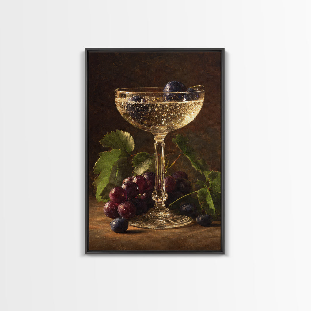 Champagne Coupe with Bubbles and Light Framed Canvas Print, Winery Art, Wall Art Print, Winery Decor, Fine Art, Vineyard, WIN-2x3-75