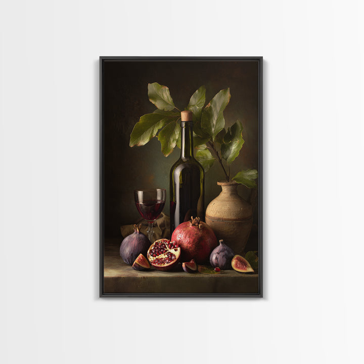 Pomegranate Figs and Red Wine Composition Framed Canvas Print, Winery Art, Watercolor Painting, Winery Decor, Vineyard, WIN-2x3-97