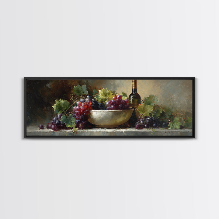 Grapes in a Ceramic Bowl with Shadows Framed Canvas Print, Winery Art, Retro Wall Art, Winery Decor, Fine Art, Vineyard, WIN-3x1-1
