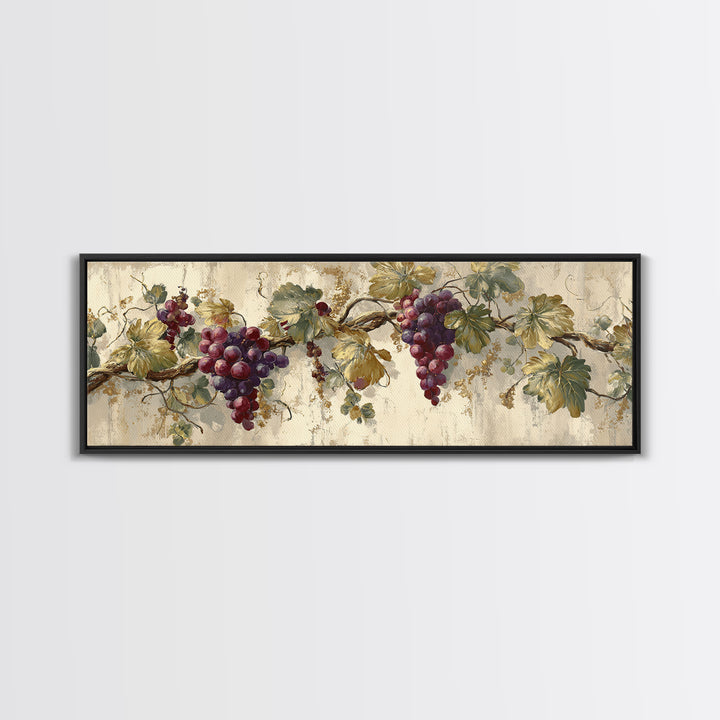 Grapevine Branch with Purple Grapes and Leaves Framed Canvas Print, Winery Art, Gallery Wall Art, Winery Decor, Watercolor Art, WIN-3x1-17
