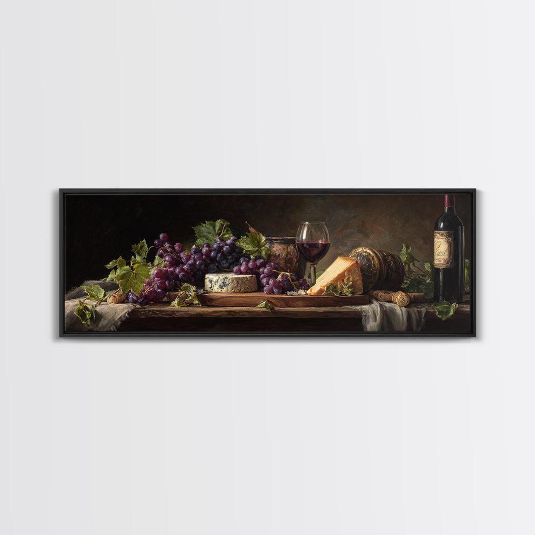Charcuterie Board with Grapes and Cheese Framed Canvas Print, Winery Art, Bar Art, Winery Decor, Fine Art, Vineyard, WIN-3x1-53
