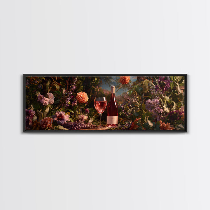 Ros Glass Beside Summer Flowers Canvas Print, Winery Art, Living Room Art, Winery Decor, Watercolor Art, Vineyard, WIN-3x1-54