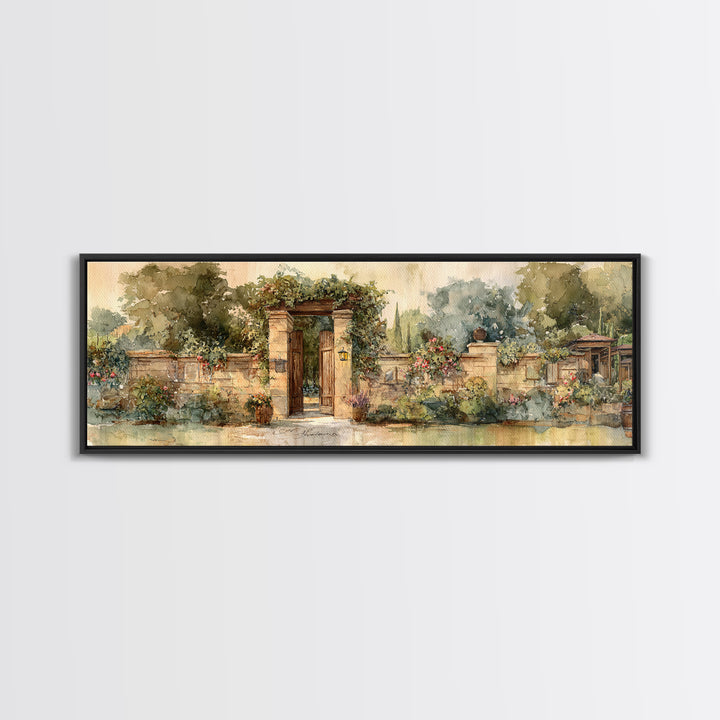 Vineyard Gate with Climbing Roses Framed Canvas Print, Winery Art, Wall Decor, Winery Decor, Fine Art, Vineyard, Kitchen Art, WIN-3x1-55