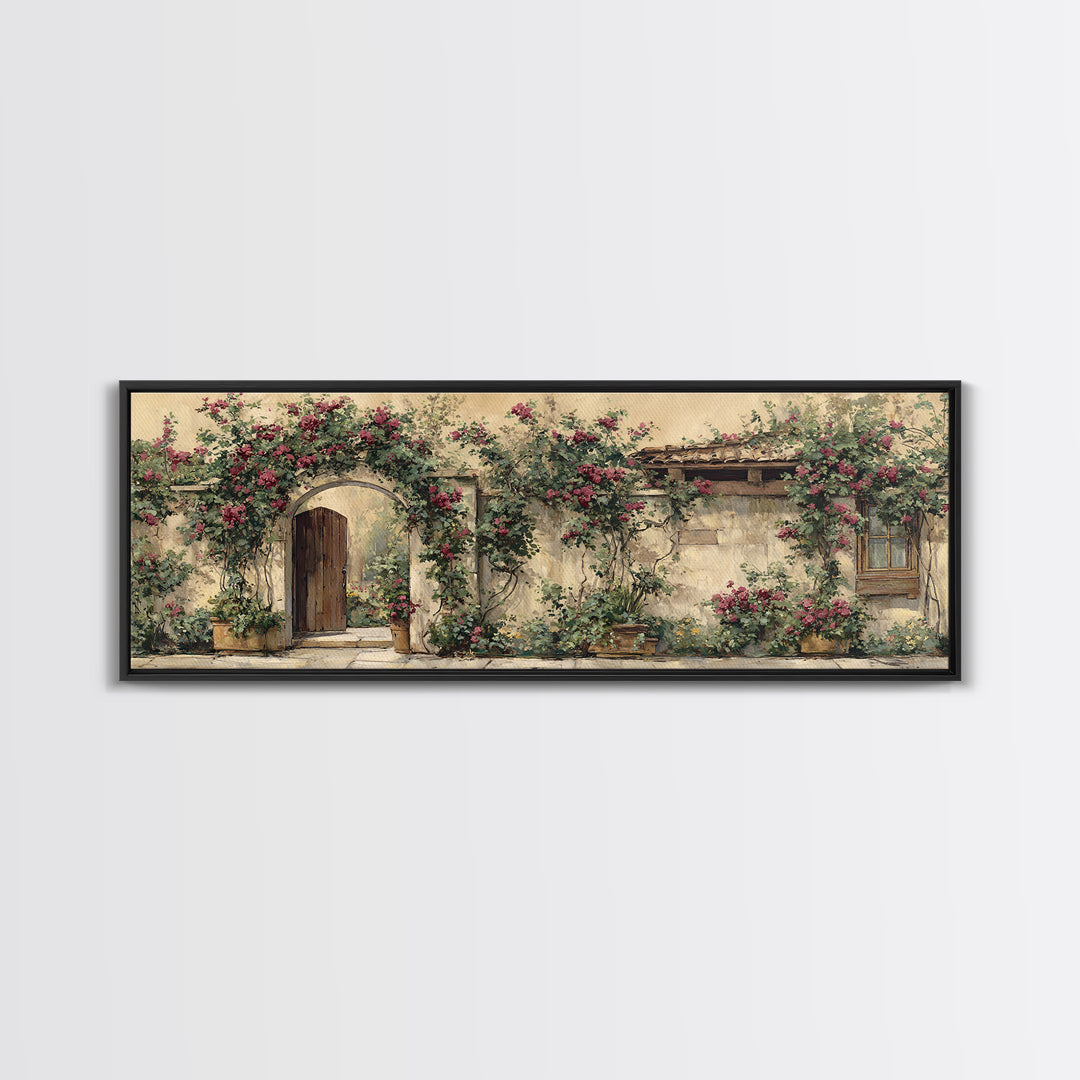 Vineyard Gate with Climbing Roses Framed Canvas Print, Winery Art, Statement Artwork, Winery Decor, Fine Art, Vineyard, WIN-3x1-7