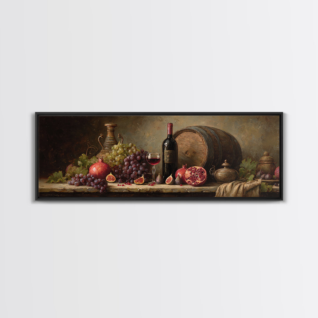 Pomegranate Figs and Red Wine Composition Framed Canvas Print, Winery Art, Living Room Art, Winery Decor, Fine Art, Vineyard, WIN-3x1-81
