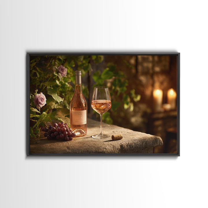 Ros Glass Beside Summer Flowers Framed Canvas Print, Winery Art, Framed Art, Winery Decor, Watercolor Art, Vineyard, WIN-3x2-18