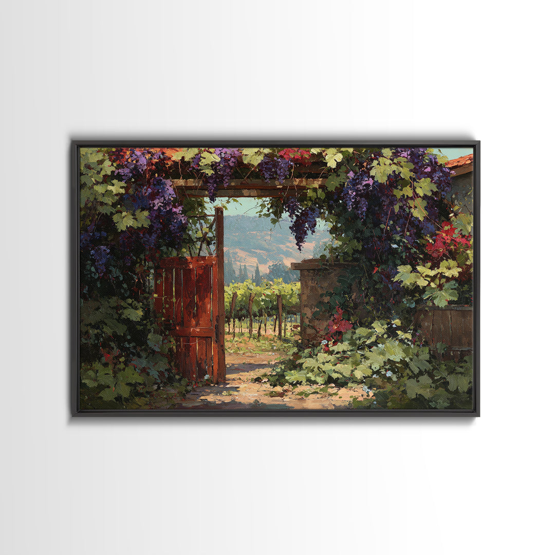 Vineyard Gate with Climbing Roses Framed Canvas Print, Winery Art, Statement Artwork, Winery Decor, Fine Art, Vineyard, WIN-3x2-19