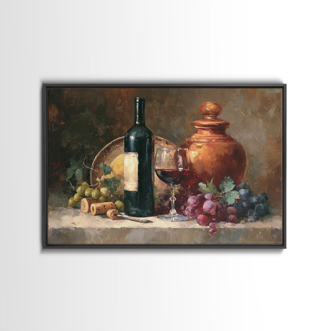 Olive Branch and Wine Glass Mediterranean Still Framed Canvas Print, Winery Art, Retro Wall Art, Winery Decor, Vineyard, WIN-3x2-28