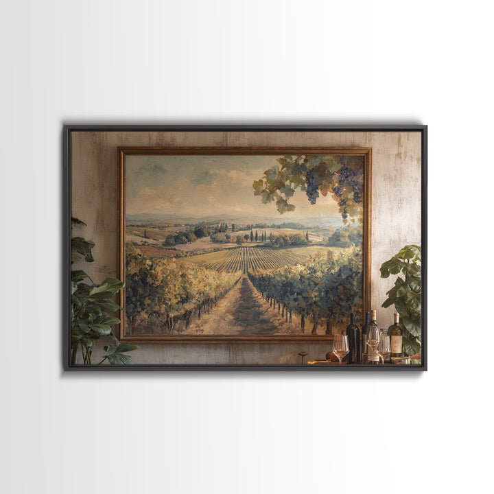 Tuscan Vineyard at Golden Hour Framed Canvas Print, Winery Art, Statement Artwork, Winery Decor, Fine Art, Vineyard, Painting, WIN-3x2-31