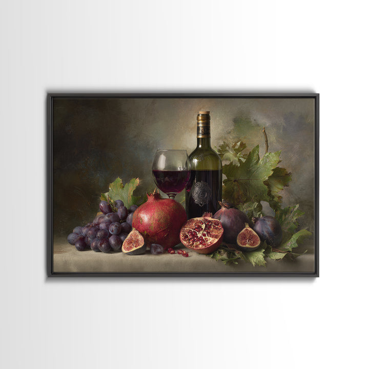 Pomegranate Figs and Red Wine Composition Framed Canvas Print, Winery Art, Gallery Decor, Winery Decor, Fine Art, Vineyard, WIN-3x2-45