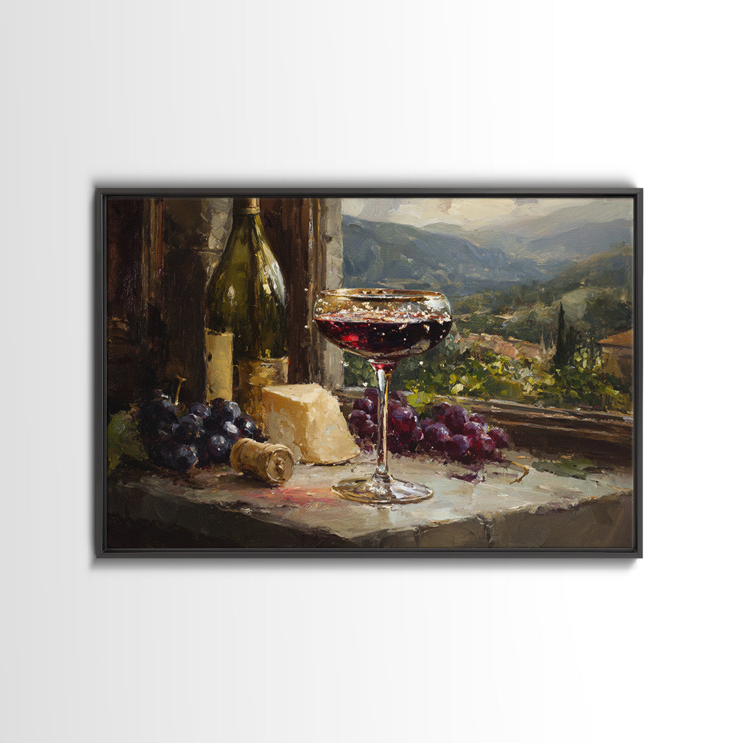 Champagne Coupe with Bubbles and Light Framed Canvas Print, Winery Art, Art Print, Winery Decor, Oil Painting, Vineyard, WIN-3x2-47