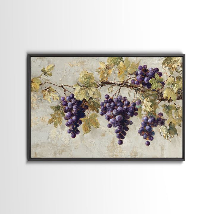 Grapevine Branch with Purple Grapes and Leaves Framed Canvas Print, Winery Art, Bar Art, Winery Decor, Oil Painting, Vineyard, WIN-3x2-5