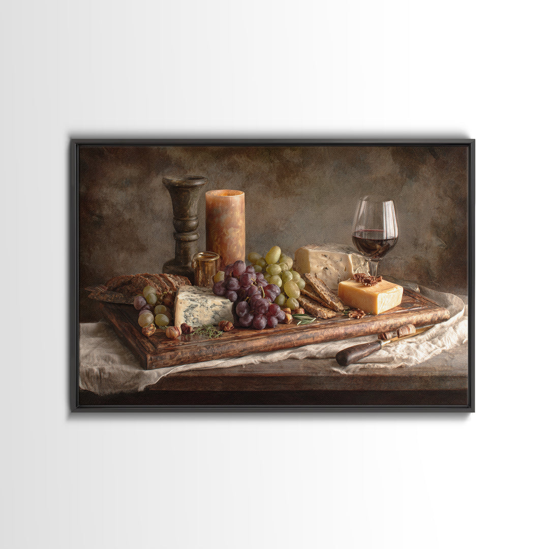 Charcuterie Board with Grapes and Cheese Framed Canvas Print, Winery Art, Cocktail Wall Art, Winery Decor, Watercolor Art, WIN-3x2-65