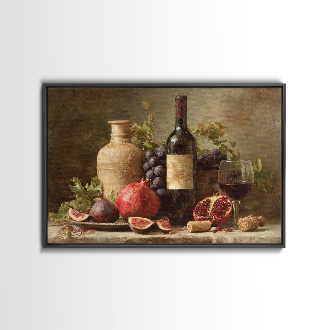 Pomegranate Figs and Red Wine Composition Framed Canvas Print, Winery Art, Gallery Decor, Winery Decor, Fine Art, Vineyard, WIN-3x2-69