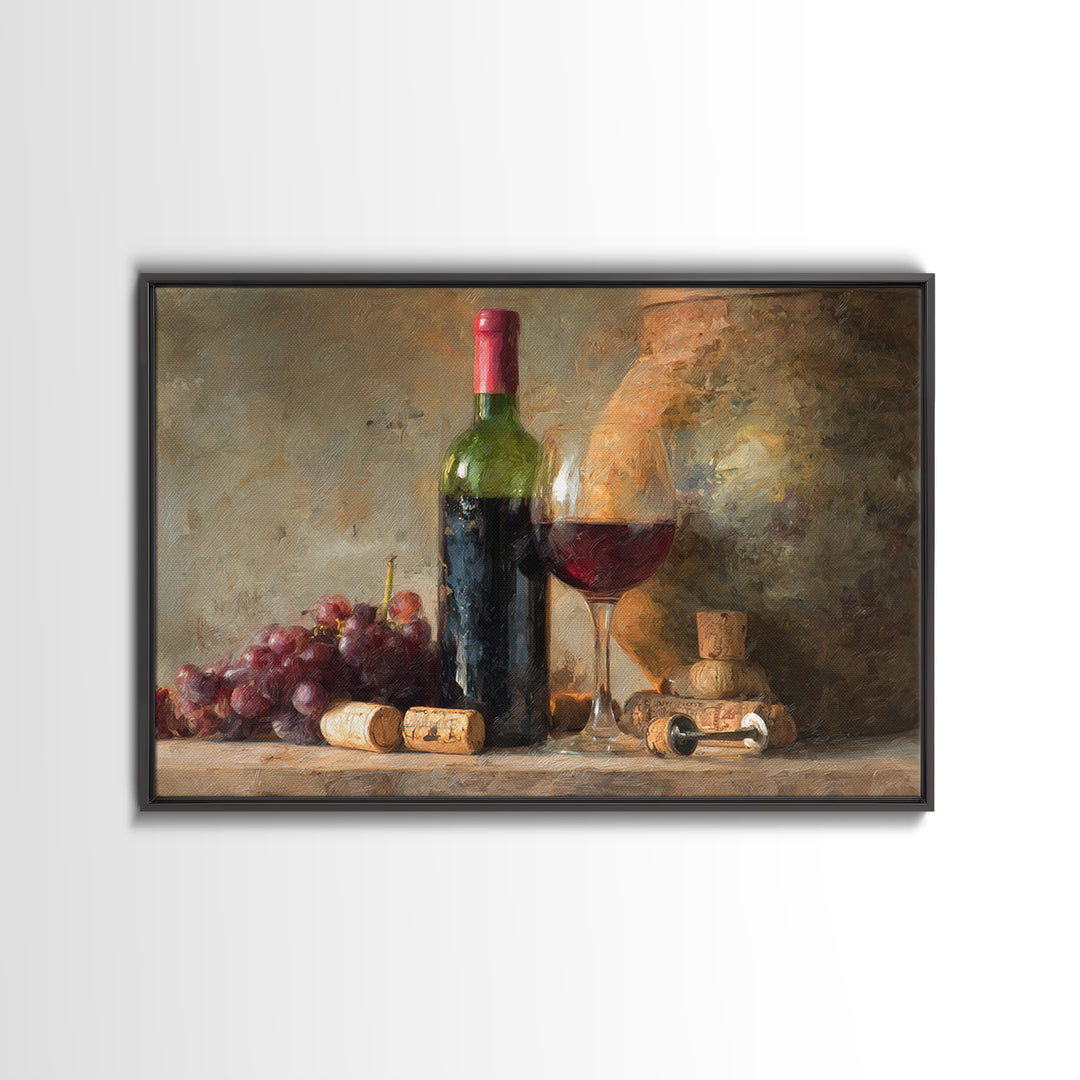 Corkscrew and Corks on Rustic Wood Framed Canvas Print, Winery Art, Kitchen Wall Decor, Winery Decor, Oil Painting, Vineyard, WIN-3x2-8