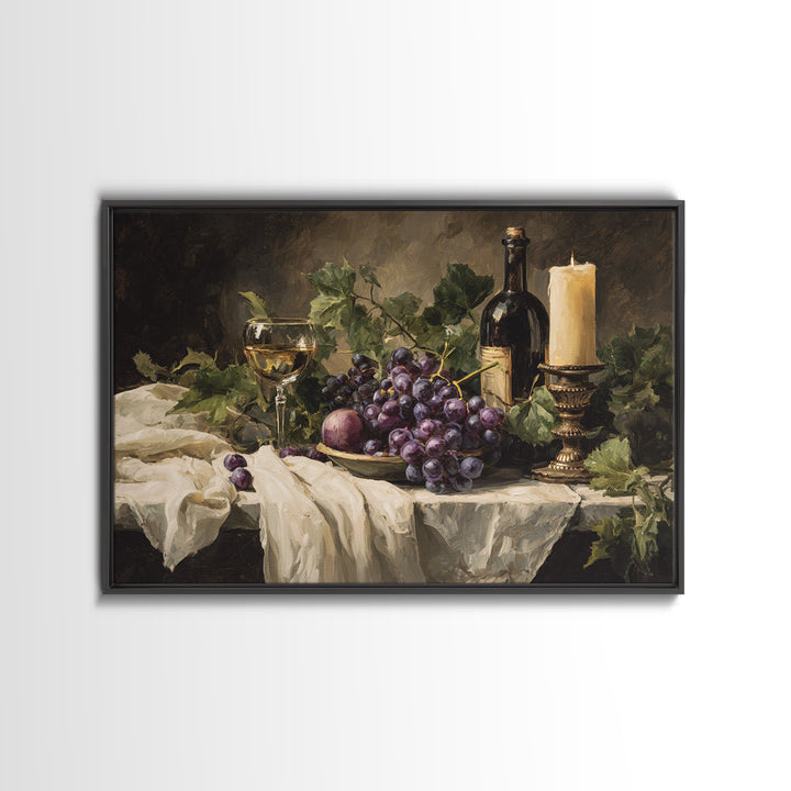 Champagne Grapes and White Linen Still Life Framed Canvas Print, Winery Art, Fine Art Print, Winery Decor, Abstract Art, WIN-3x2-81
