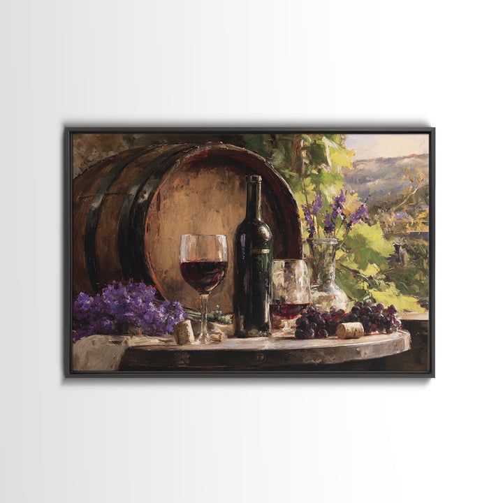 Wine Barrel with Lavender and Sunlight Framed Canvas Print, Winery Art, Travel Poster, Winery Decor, Oil Painting, Vineyard, WIN-3x2-82