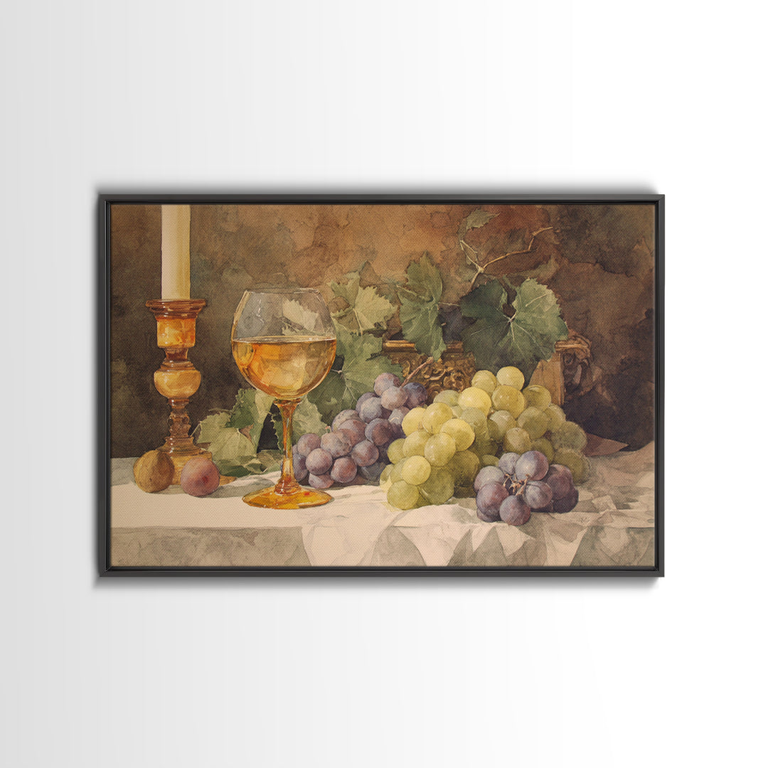 Champagne Grapes and White Linen Still Life Framed Canvas Print, Winery Art, Preppy Wall Art, Winery Decor, Fine Art, Vineyard, WIN-3x2-9