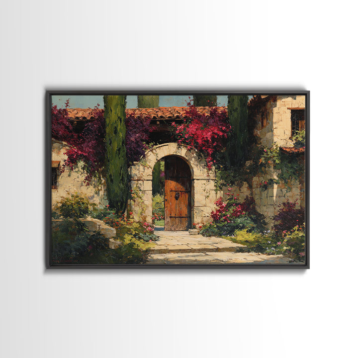 Vineyard Gate with Climbing Roses Framed Canvas Print, Winery Art, Farmhouse Decor, Winery Decor, Oil Painting, Vineyard, WIN-3x2-91