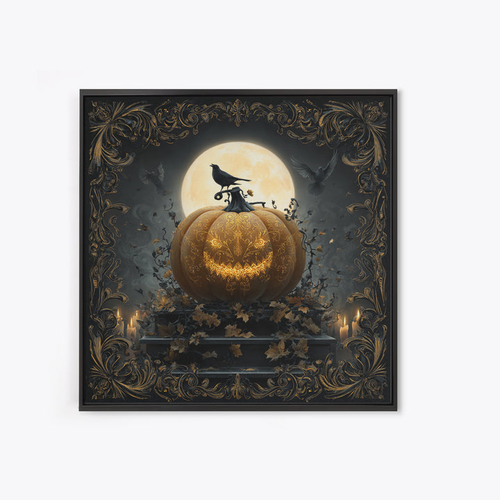 The Gold-Crowned Pumpkin Oracle - Icon Portrait, Spooky Wall Decor, Square Wall Art, Framed Canvas Print, Halloween Home Decor