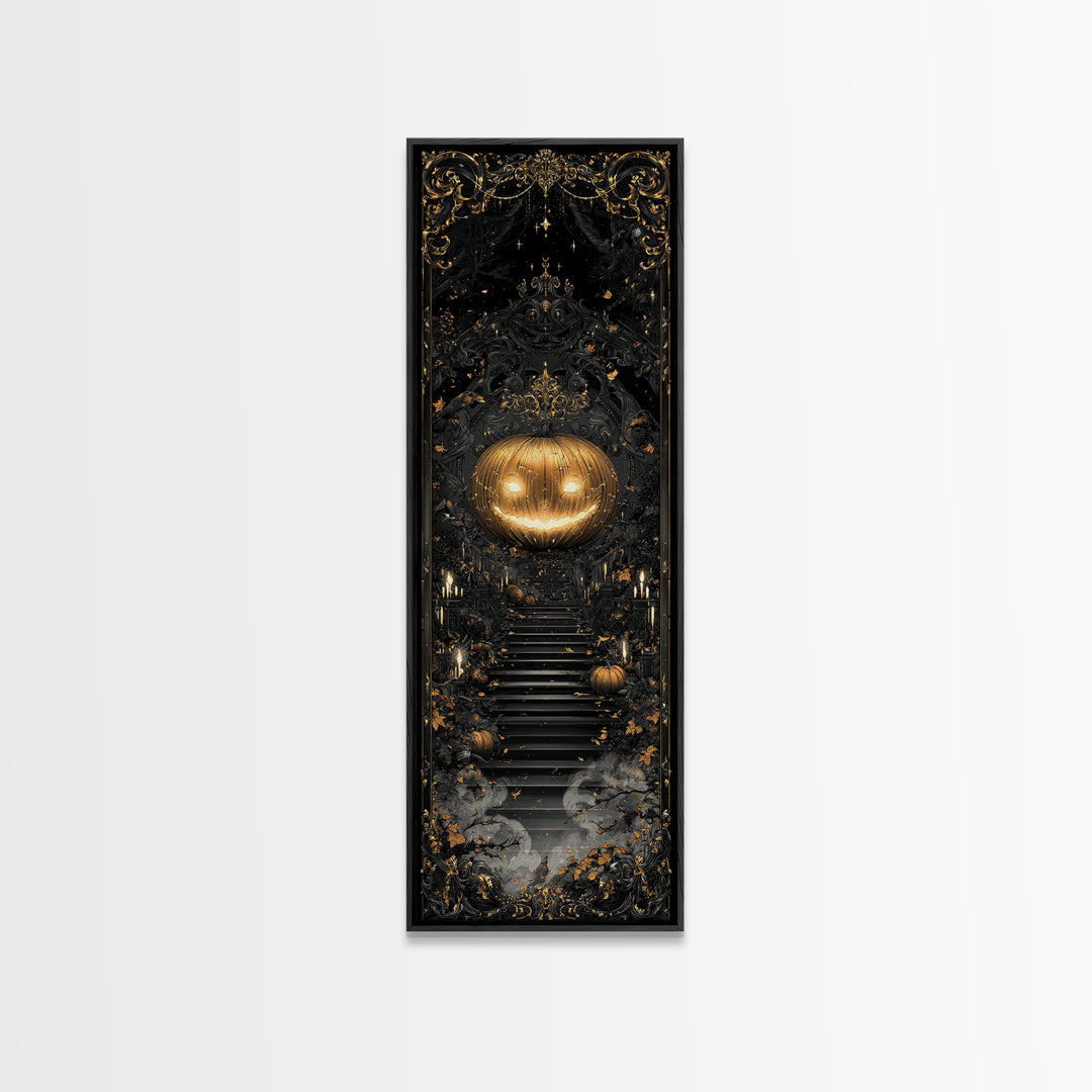 The Gold-Crowned Pumpkin Oracle - Icon Portrait, Spooky Wall Decor, Tall Narrow Wall Art, Framed Canvas Print, Halloween Home Decor