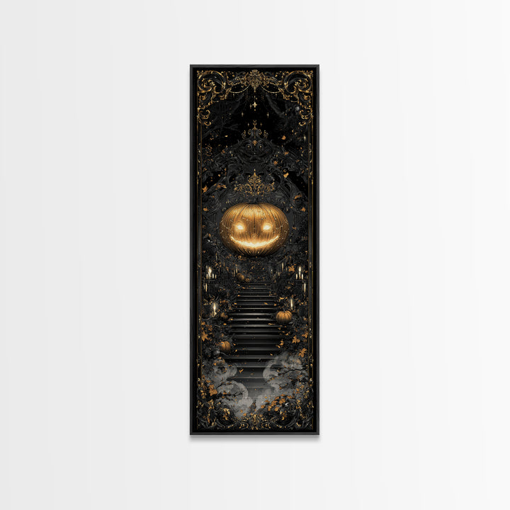 The Gold-Crowned Pumpkin Oracle - Icon Portrait, Spooky Wall Decor, Tall Narrow Wall Art, Framed Canvas Print, Halloween Home Decor
