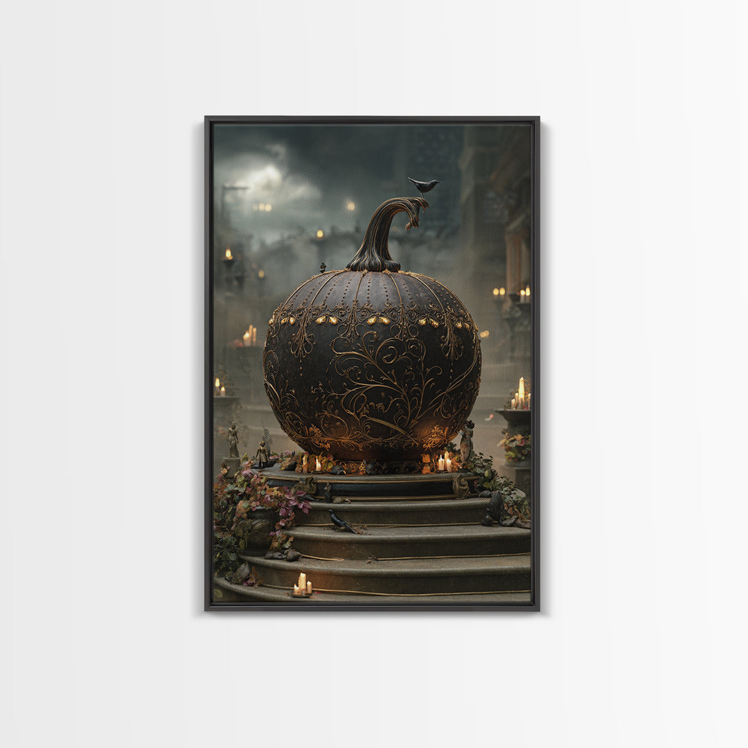 The Gold-Crowned Pumpkin Oracle - Environmental Panorama, Macabre Halloween Art, Vertical Wall Art, Framed Canvas Print, Gothic Wall Art