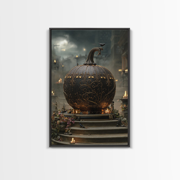The Gold-Crowned Pumpkin Oracle - Environmental Panorama, Macabre Halloween Art, Vertical Wall Art, Framed Canvas Print, Gothic Wall Art