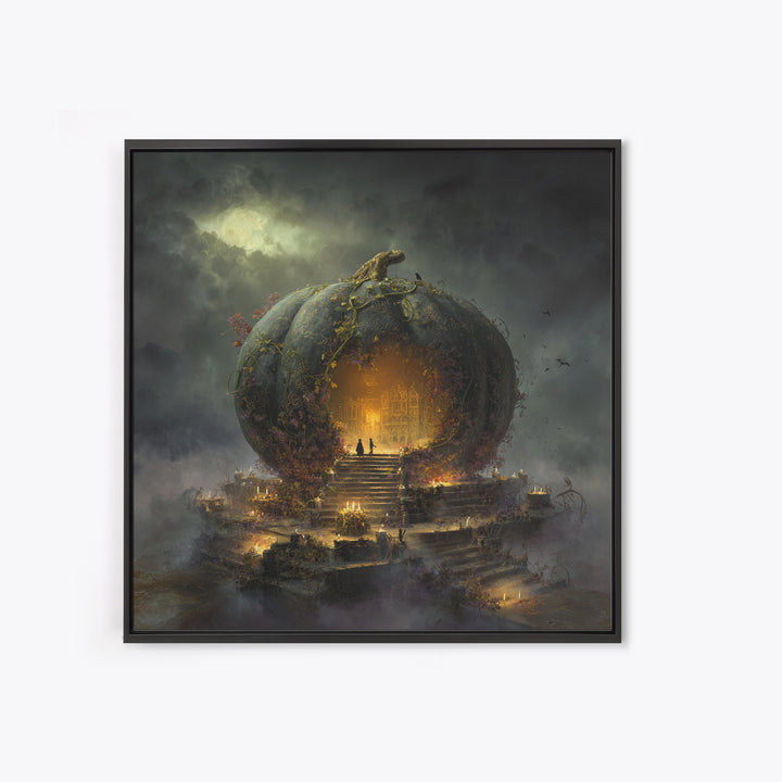 The Gold-Crowned Pumpkin Oracle - Environmental Panorama, Halloween Wall Art, Square Wall Art, Framed Canvas Print, Halloween Home Decor