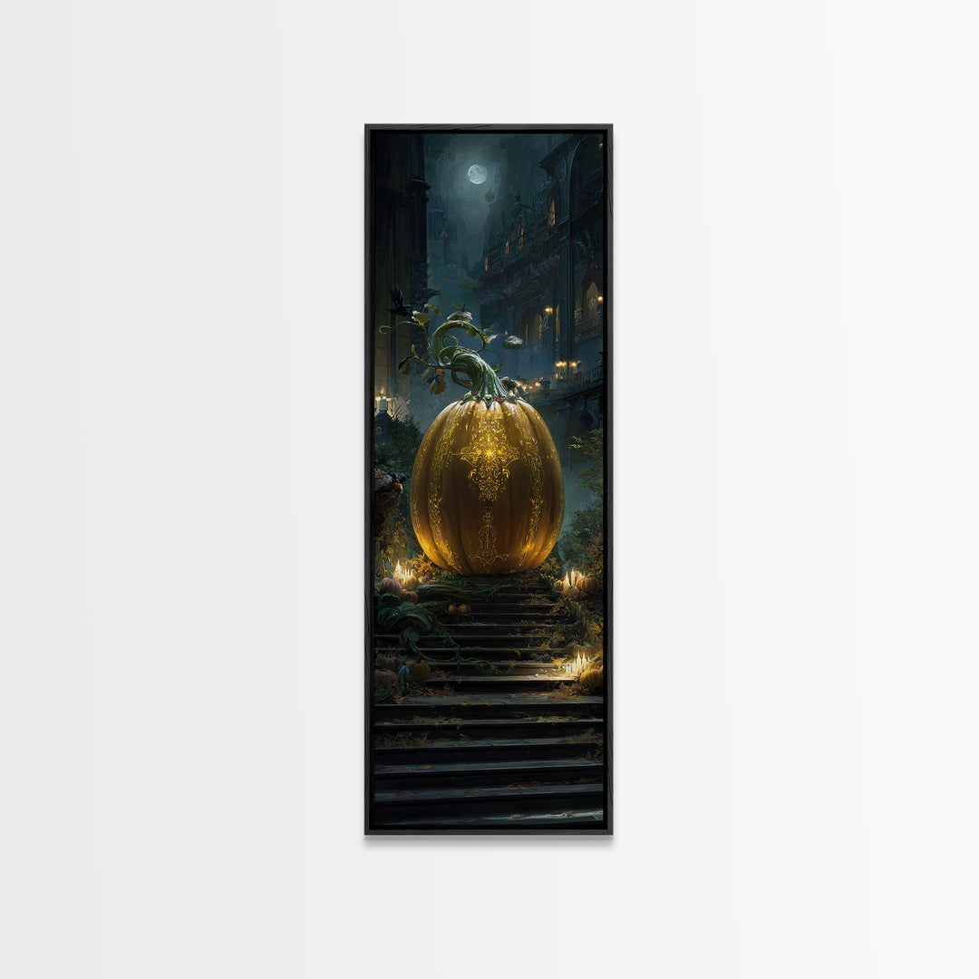 The Gold-Crowned Pumpkin Oracle - Environmental Panorama, Dark Fantasy Wall Art, Tall Narrow Wall Art, Canvas Print, Halloween Home Decor