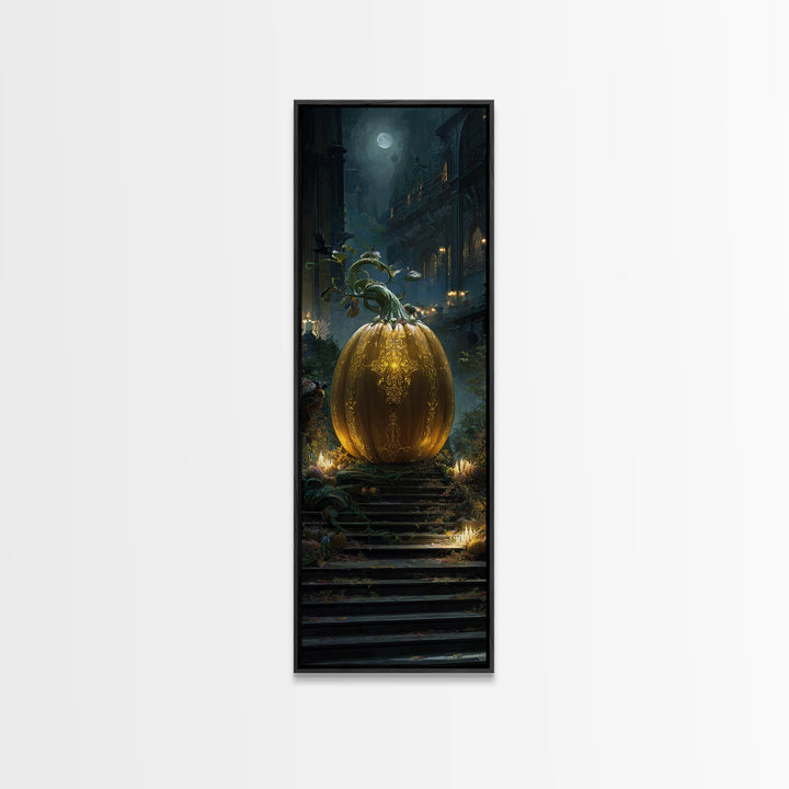 The Gold-Crowned Pumpkin Oracle - Environmental Panorama, Dark Fantasy Wall Art, Tall Narrow Wall Art, Canvas Print, Halloween Home Decor