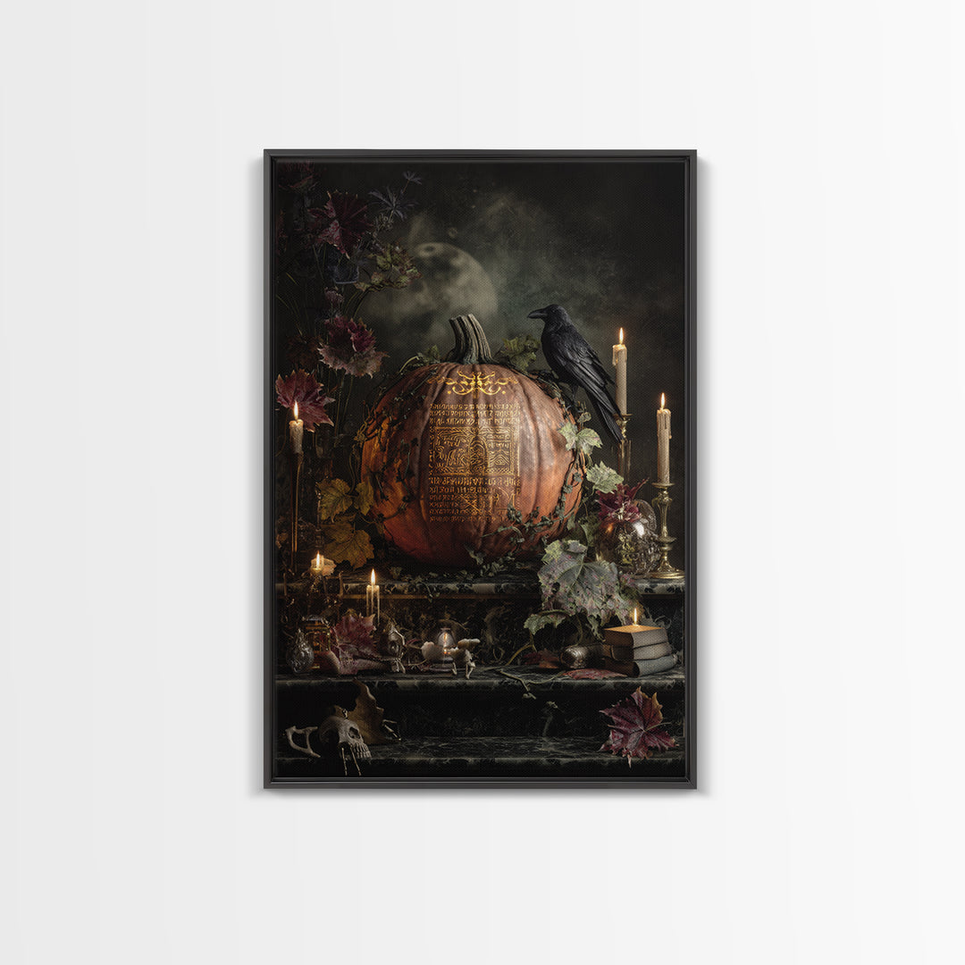 The Gold-Crowned Pumpkin Oracle - Occult Still Life, Macabre Halloween Art, Vertical Wall Art, Framed Canvas Print, Halloween Home Decor