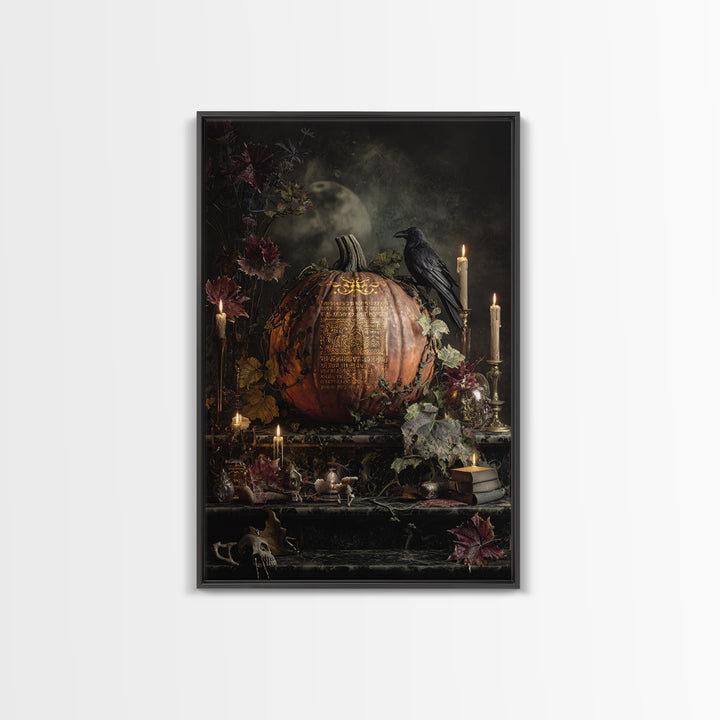 The Gold-Crowned Pumpkin Oracle - Occult Still Life, Macabre Halloween Art, Vertical Wall Art, Framed Canvas Print, Halloween Home Decor