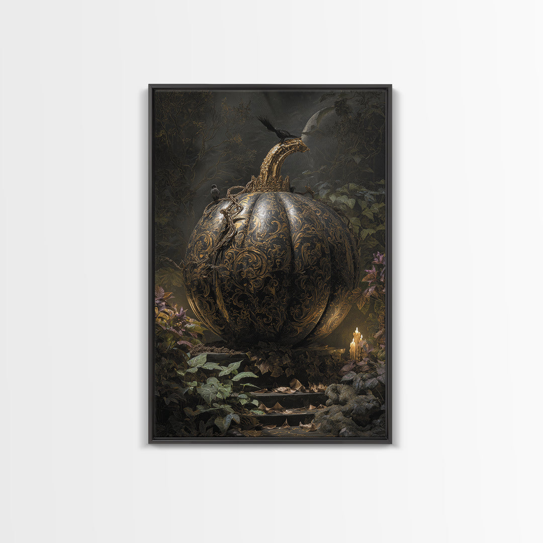 The Gold-Crowned Pumpkin Oracle - Procession Scene, Halloween Wall Art, Vertical Wall Art, Framed Canvas Print, Halloween Home Decor