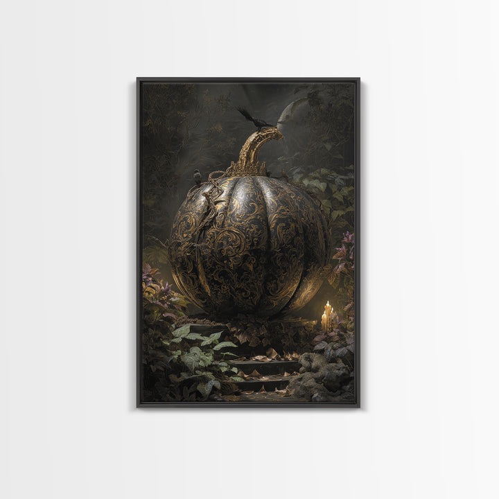 The Gold-Crowned Pumpkin Oracle - Procession Scene, Halloween Wall Art, Vertical Wall Art, Framed Canvas Print, Halloween Home Decor