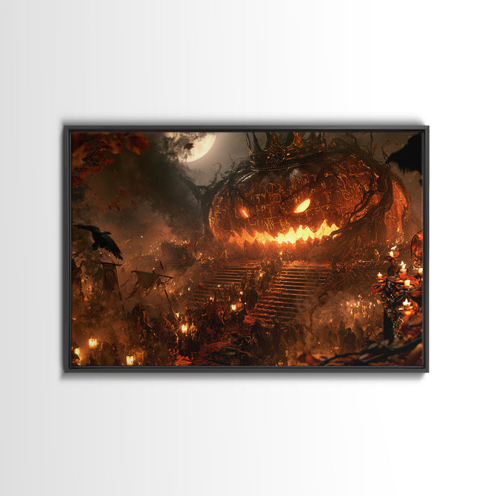 The Gold-Crowned Pumpkin Oracle - Procession Scene, Spooky Wall Decor, Landscape Wall Art, Framed Canvas Print, Halloween Home Decor
