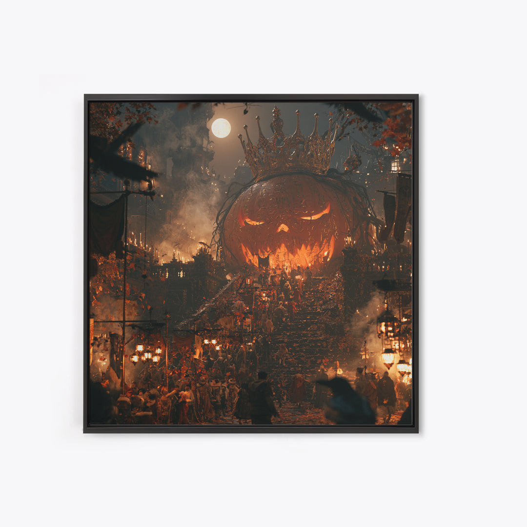 The Gold-Crowned Pumpkin Oracle - Procession Scene, Dark Fantasy Wall Art, Square Wall Art, Canvas Print, Halloween Home Decor