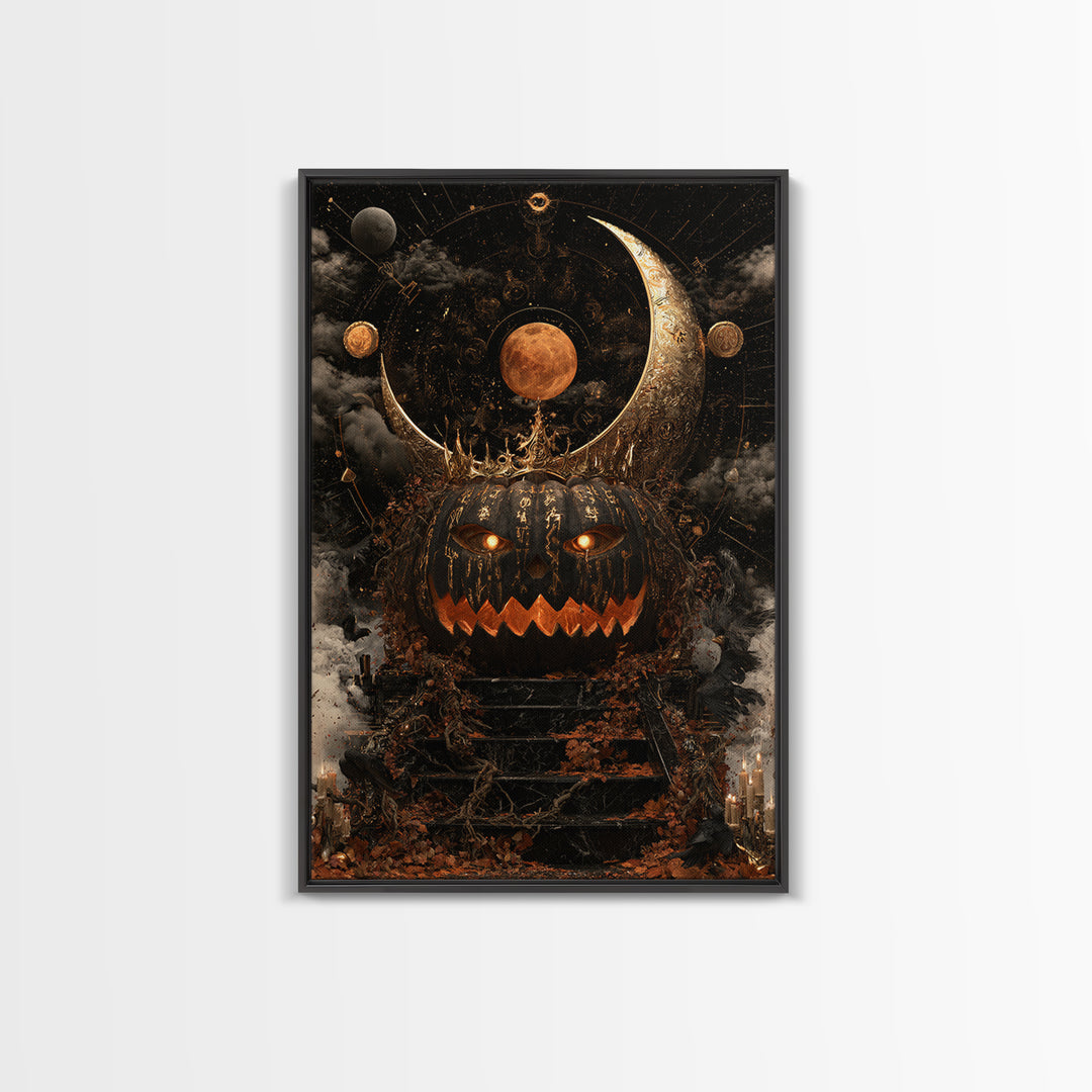 The Gold-Crowned Pumpkin Oracle - Surreal Celestial Vision, Spooky Wall Decor, Vertical Wall Art, Framed Canvas Print, Halloween Home Decor