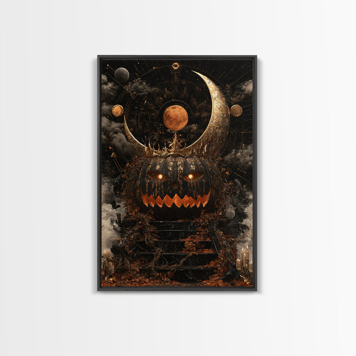 The Gold-Crowned Pumpkin Oracle - Surreal Celestial Vision, Spooky Wall Decor, Vertical Wall Art, Framed Canvas Print, Halloween Home Decor